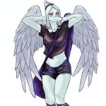 1:1 2024 amber_eyes anthro bottomwear clothing crop_top cutoffs dark_rya denim denim_bottomwear denim_clothing digital_drawing_(artwork) digital_media_(artwork) dinosaur eyelashes eyeliner fang_(gvh) feathered_wings feathers female goodbye_volcano_high grey_body grey_scales hair hands_behind_head hi_res long_hair looking_at_viewer makeup midriff pterodactylus pterosaur reptile scales scalie shirt shorts silver_hair simple_background smile snout solo topwear white_background wings