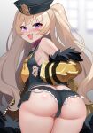  &gt;:) 1girl :3 absurdres anchor_hat_ornament ass azur_lane bache_(azur_lane) blonde_hair blue_eyes cameltoe collar fang from_behind fur-trimmed_jacket fur_trim hat_ornament highres igarashi_gozo jacket long_hair looking_at_viewer looking_back micro_shorts off-shoulder_jacket off_shoulder pink_collar shirt shorts sleeveless sleeveless_shirt smile smug solo two_side_up v-shaped_eyebrows yellow_jacket 