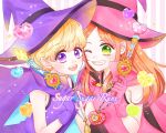  2girls cape chocolat_meilleure dress english_commentary gloves green_eyes hat heart heart_pendant heart_wand highres holding holding_wand long_hair looking_at_viewer multiple_girls muyari_art orange_hair pink_cape pink_gloves pink_hat purple_cape purple_eyes purple_gloves purple_hat short_hair smile strapless strapless_dress sugar_sugar_rune upper_body vanilla_mieux wand witch_hat 