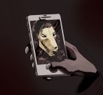  ambiguous_gender anthro black_fur canine claws clothing digital_media_(artwork) disembodied_hand duo fur looking_at_viewer mammal monster open_mouth phone scp-1471 scp_foundation simple_background skull skull_head solarbyte 