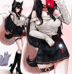 2021 ahri_(lol) ambiguous_gender animal_humanoid black_boots black_bottomwear black_clothing black_footwear black_hair black_skirt boots bottomwear breasts canid canid_humanoid canine canine_humanoid cellphone choker clothed clothing duo ehrrr electronics eyewear female female_focus feral fluffy fluffy_tail footwear fox fox_ears fox_humanoid fox_tail glasses hair heart_symbol hi_res high_heeled_boots high_heels holding_cellphone holding_object holding_phone holding_smartphone humanoid jewelry league_of_legends legband long_hair looking_at_viewer mammal mammal_humanoid markings medium_breasts necklace phone purse riot_games skirt smartphone solo_focus standing tail thighband topwear wearing_glasses whisker_markings white_clothing white_topwear yellow_eyes