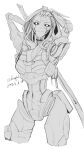  1girl android apex_legends armpits ash_(titanfall_2) cable_hair cowboy_shot cracked_skin danieldanlllll dated frown greyscale head_tilt highres hood hood_up hooded_leotard looking_at_viewer monochrome sketch solo sword twitter_username v-shaped_eyebrows weapon weapon_on_back white_background 