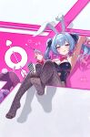  1girl :q absurdres animal_ears arm_up armpits black_leotard blue_eyes blue_hair blush bow bowtie breasts card colored_inner_hair detached_collar eiroyi facial_mark fake_animal_ears fishnet_pantyhose fishnets from_below hair_intakes hair_ribbon hatsune_miku heart heart-shaped_pupils highres holding holding_syringe holding_with_feet large_breasts leotard multicolored_hair multiple_views no_shoes pantyhose pink_hair playing_card rabbit_ears rabbit_hole_(vocaloid) red_bow red_bowtie red_nails ribbon simple_background sitting symbol-shaped_pupils syringe tongue tongue_out translation_request twintails vocaloid 