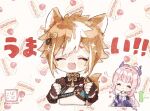  1boy 1girl :d ^_^ animal_ears armor arrow_(symbol) artist_name black_collar black_gloves blue_kimono blunt_bangs blush blush_stickers bow bow-shaped_hair brown_hair cake cake_slice chibi clenched_hands closed_eyes closed_mouth collar commentary_request crop_top cropped_torso dog_boy dog_ears dog_tail double-parted_bangs fang fingerless_gloves flower_(symbol) food food-themed_background frilled_sleeves frills gameplay_mechanics genshin_impact gloves gold_trim gorou_(genshin_impact) hair_between_eyes hair_ornament hand_up hands_up happy healing heart igote japanese_armor japanese_clothes kimono long_hair long_sleeves multicolored_hair nekorune_(bukubuku_awai) open_mouth paw_print pink_hair purple_bow purple_hair raised_eyebrows sangonomiya_kokomi short_eyebrows short_hair shoulder_armor sidelocks signature simple_background single_sode skin_fang smile sode sparkle streaked_hair tail tassel translation_request upper_body very_long_hair white_background white_gloves white_hair 