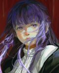  1girl blunt_bangs blurry blurry_foreground closed_mouth fern_(sousou_no_frieren) floating_hair highres lips long_hair looking_to_the_side pluvium_grandis purple_eyes purple_hair realistic red_background solo sousou_no_frieren upper_body wind 