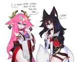  2girls absurdres ahri_(league_of_legends) animal_ear_fluff animal_ears animification black_hair blush braid breasts brown_eyes crossover detached_sleeves disgust english_text fox_ears fox_girl fox_tail frown genshin_impact hair_between_eyes halter_shirt halterneck highres i_think_we&#039;re_gonna_have_to_kill_this_guy_steven_(meme) japanese_clothes kimono large_breasts league_of_legends medium_breasts meme mizah_(mizah) multiple_girls pink_hair purple_eyes red_kimono red_skirt skirt tail trait_connection white_background yae_miko 