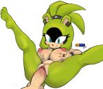 absurd_res afrosoricid anitwenty anthro areola barefoot big_areola blue_eyes bottomless bottomless_anthro bottomless_female breast_grab breasts clitoral_hood clitoris clothed clothing ear_piercing ear_ring feet female front_view genitals green_body green_hair green_skin hair hand_on_breast hi_res idw_publishing legs_up looking_through looking_through_legs mammal nipples nude penetration penis piercing presenting ring_piercing sega sex simple_background solo solo_focus sonic_the_hedgehog_(comics) sonic_the_hedgehog_(idw) sonic_the_hedgehog_(series) spread_legs spreading surge_the_tenrec tenrec vaginal vaginal_penetration white_background