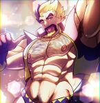  1boy :p abs absurdres arm_up armpit_hair bara bare_pectorals black_hair blonde_hair cheekbones eros_(erosterone) facial_hair gloves goatee hairy highres huge_eyebrows human_fuerte_(great_el_fuerte&#039;s) large_pectorals looking_at_viewer male_focus mature_male multicolored_hair muscular muscular_male navel navel_hair nipples one_eye_closed original pectorals pointing pointing_at_self seductive_smile short_hair smile solo sparkling_sweat sparse_navel_hair spiked_hair stomach thick_chest_hair thick_mustache tongue tongue_out two-tone_beard two-tone_hair upper_body victory wrestling_outfit 