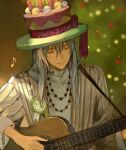  1boy bead_necklace beads birthday_cake_hat blurry christmas_tree closed_eyes closed_mouth depth_of_field eighth_note guitar hair_between_eyes happy_birthday holding holding_guitar holding_instrument idolish7 instrument jacket jewelry kuzuvine long_hair male_focus mole mole_under_eye musical_note necklace open_clothes open_jacket playing_guitar shirt smile solo turtleneck upper_body white_hair white_shirt yellow_jacket yuki_(idolish7) 