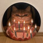  animal animal_focus birthday birthday_cake cake candle cat closed_mouth commentary english_commentary food highres karin_hosono no_humans original painting_(medium) photo_(medium) realistic solo traditional_media 