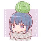  blue_hair blush cabbage closed_mouth commentary_request eyebrows_visible_through_hair hair_bun idu_michito purple_eyes shawl shima_rin solo twitter_username upper_body yurucamp 