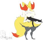 ambiguous_gender anthro braixen chest_tuft duo flat_colors fluffy fluffy_tail fur generation_6_pokemon generation_8_pokemon gun hi_res inner_ear_fluff nintendo orange_body orange_fur pokemon pokemon_(species) ranged_weapon scorbunny simple_background tagme tail tuft unknown_artist weapon