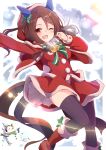  1girl absurdres animal_ears brown_hair capelet christmas dress ear_covers highres horse_ears horse_girl horse_tail king_halo_(umamusume) long_sleeves looking_at_viewer neko_senshi open_mouth puffy_long_sleeves puffy_sleeves red_capelet red_dress red_footwear red_hat santa_costume smile snowman solo tail umamusume zettai_ryouiki 