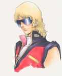  1boy andy_seto blonde_hair chinese_commentary commentary_request cropped_torso english_commentary gundam highres male_focus marker_(medium) medium_hair mixed-language_commentary portrait quattro_bajeena red_vest smile solo sunglasses traditional_media vest zeta_gundam 
