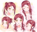  alternate_hairstyle braid commentary_request flying_sweatdrops hair_ornament hairclip heart heart_hair_ornament lemon_t long_hair looking_at_viewer love_live! love_live!_sunshine!! multiple_views open_mouth red_hair sakurauchi_riko smile sparkle twin_braids 