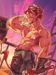  1boy abs animal_ears arknights ass ass_peek bara cow_boy cow_ears cow_horns cowboy_shot dk_(den_ai_d) dog_tags from_behind highres holding holding_wrench horns humus_(arknights) large_pectorals looking_at_viewer male_focus mature_male mechanic multicolored_hair muscular muscular_male navel navel_hair nipples pectorals red_hair seductive_smile short_hair smile standing stomach streaked_hair sunset sweat thick_eyebrows thick_navel_hair topless_male turning_around very_sweaty wiping_face wiping_sweat wrench 
