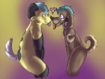  2018 4_eyes adondis anthro boop canine cute damien(adondis) digital_media_(artwork) doberman dog duo floppy_ears freckles hair happy husky_tail looking_at_partner love male male/male mammal multi_eye nude piercing romantic_couple simple_background smile tongue tongue_out 
