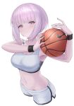  1girl ball bare_arms bare_shoulders basketball_(object) blunt_bangs breasts character_request cleavage copyright_request crop_top dolphin_shorts highres holding holding_ball large_breasts looking_at_viewer midriff navel parted_lips pink_eyes pink_hair short_hair shorts simple_background solo sports_bra sthk stomach white_background white_shorts 