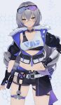  1girl black_choker black_gloves black_jacket black_shorts choker commentary_request cowboy_shot crop_top eyewear_on_head fingerless_gloves gloves grey_eyes grey_hair hair_between_eyes hair_down hand_on_own_hip highres honkai:_star_rail honkai_(series) jacket long_hair looking_at_viewer midriff puffy_short_sleeves puffy_sleeves sera_narumu shirt short_shorts short_sleeves shorts silver_wolf_(honkai:_star_rail) single-shoulder_shirt smile solo standing sunglasses thighs very_long_hair white_shirt 