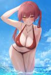  1girl arm_behind_head arm_up bare_arms bare_shoulders bikini blue_sky blush breasts cleavage cloud cloudy_sky collarbone day haro_art heterochromia highres hololive houshou_marine houshou_marine_(summer) jewelry large_breasts leaning_forward looking_at_viewer necklace ocean official_alternate_costume outdoors red_bikini red_eyes red_hair shiny_skin sky smile solo swimsuit twintails virtual_youtuber wading yellow_eyes 