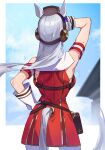  1girl animal_ears blue_sky cloud commentary_request day dress from_behind gold_ship_(umamusume) grey_hair hand_on_own_hip highres horse_ears horse_girl horse_tail jenshenya long_hair pantyhose red_dress sky solo tail umamusume 