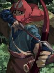  1boy absurdres ashitaka blue_kimono bow_(weapon) brown_pants commentary covered_mouth cowboy_shot forest highres holding holding_bow_(weapon) holding_weapon hood incoming_attack japanese_clothes kimono knife male_focus mononoke_hime nature pants red_hood solo studio_ghibli torinodesu4 weapon 