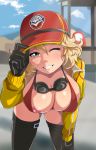  1girl blush breasts cidney_aurum cleavage exlic final_fantasy final_fantasy_xv hat large_breasts looking_at_viewer nipples smile thighhighs wink 