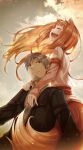  1boy 1girl animal_ears ayakura_juu beard black_jacket closed_eyes closed_mouth cover cover_page craft_lawrence dress facial_hair fang hand_on_another&#039;s_chest hand_on_another&#039;s_shoulder holo hug hug_from_behind jacket long_sleeves novel_cover official_art open_mouth orange_hair pink_shirt profile shirt shirt_under_dress short_hair sideways_mouth sky smile spice_and_wolf tail teeth upper_teeth_only white_dress white_hair wolf_ears wolf_girl wolf_tail 