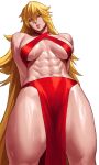  1girl abs absurdres arms_behind_back blonde_hair bra clarice_di_lampedusa_(mutageniccrow) highres loincloth long_hair looking_at_viewer muscular muscular_female narrowed_eyes navel open_mouth original red_bra red_loincloth simple_background solo sotcho sweat thighs tongue tongue_out underwear white_background yellow_eyes 