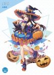  1girl black_hair halloween halloween_bucket halloween_costume highres krt_girls long_hair one_side_up parted_bangs skirt smile xiao_qiong 