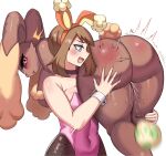 2024 anthro big_butt blush brown_body brown_fur bunny_costume butt butt_slap carrying_another carrying_partner clothed clothing costume duo egg female female/female fur generation_4_pokemon hi_res huge_butt human human_on_anthro interspecies lopunny mammal may_(pokemon) nintendo nude oviposition pokemon pokemon_(species) pokephilia slap spank_marks spanking ytrall