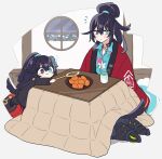  3boys :3 aqua_eyes armor black_armor black_hair blue_shirt character_doll closed_mouth collared_shirt cup dante_(limbus_company) food fruit hair_bun half_updo heterochromia highres hong_lu_(project_moon) indoors kotatsu limbus_company long_hair magnifying_glass mandarin_orange multiple_boys multiple_views project_moon shiki_(shikki46) shirt smile table very_long_hair yunomi 