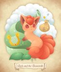  blush brown_background cloud coin fox gen_1_pokemon gradient gradient_background harp instrument jack_and_the_beanstalk leaf moneybag multiple_tails no_humans open_mouth pokemon pokemon_(creature) tail ten'on_(amane09) vulpix 