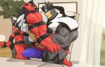 anatake anthro barazoku bedroom_eyes big_bulge big_muscles big_pecs bulge clothing duo erection erection_under_clothing generation_7_pokemon generation_8_pokemon hi_res huge_bulge huge_muscles huge_pecs imminent_anal imminent_sex incineroar inside legendary_pokemon male male/male manly muscular muscular_anthro muscular_arms muscular_legs muscular_male narrowed_eyes nintendo nipple_fetish nipple_play nipple_suck pecs pokemon pokemon_(species) seductive serious_face sitting sitting_on_another sucking thick_arms thick_thighs urshifu
