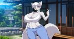  2018 5_fingers anthro arctic_fox artie beckoning bedroom_eyes big_breasts blue_eyes blush breasts canine cleavage clothed clothing day detailed_background female fox fur hair half-closed_eyes mammal mastergodai midriff navel open_mouth outside seductive shirt solo tank_top thick_thighs voluptuous white_fur white_hair wide_hips 