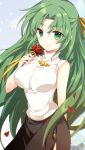  1girl arm_behind_back black_skirt blush breasts closed_mouth commentary_request cowboy_shot eyelashes eyes_visible_through_hair falling_petals floating_hair flower green_eyes green_hair hair_ribbon half_updo hand_up highres higurashi_no_naku_koro_ni holding holding_flower impossible_clothes large_breasts light_blue_background long_hair looking_at_viewer parted_bangs petals red_flower red_rose ribbed_sweater ribbon rose rose_petals sidelocks simple_background skirt sleeveless sleeveless_turtleneck smile solo sonozaki_shion standing suzuragi_karin sweater turtleneck turtleneck_sweater very_long_hair yellow_ribbon 