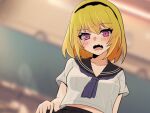  1girl aged_up black_hairband black_sailor_collar blonde_hair blue_neckerchief blurry blurry_background blush commentary dutch_angle embarrassed eyelashes hair_between_eyes hairband higurashi_no_naku_koro_ni houjou_satoko indoors looking_at_viewer neckerchief open_mouth pink_eyes sailor_collar school_uniform serafuku shirt short_hair short_sleeves solo upper_body wavy_mouth white_shirt yuno_ff 