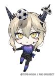  1girl artoria_pendragon_(fate) artoria_pendragon_(lancer_alter)_(fate) ball black_bodysuit black_shorts blonde_hair blue_shirt blue_socks bodysuit chestnut_mouth chibi fate/grand_order fate_(series) hair_between_eyes horns kneehighs looking_up nipi27 official_art parted_lips shirt short_sleeves shorts sidelocks simple_background soccer_ball socks solo white_background yellow_eyes 