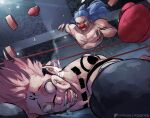  2boys arm_tattoo artist_name audience black_gloves blank_eyes blue_hair boxing boxing_gloves boxing_ring buggy_the_clown clown_nose defeat dent devil_fruit_power disembodied_limb disembodied_torso drooling facial_tattoo fighting funi_xd gloves highres itadori_yuuji jujutsu_kaisen light_particles long_hair lying multiple_boys no_tattoo on_floor on_stomach one_piece open_mouth patreon_username pectorals pink_hair ponytail possessed punched red_gloves red_lips red_nose ryoumen_sukuna_(jujutsu_kaisen) short_hair shoulder_tattoo tattoo teeth unconscious undercut 