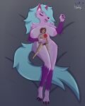 3_toes 5_fingers anthro big_breasts blue_hair breasts brown_hair canid canine canis duo feet female fingers genitals hair hi_res human larger_female male mammal penis pink_body size_difference sleeping smaller_male tail toes vivi_(vivzlover) vivzlover wolf