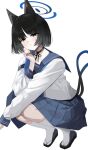  1girl an0_09 animal_ear_fluff animal_ears black_eyes black_hair blue_archive blue_halo blue_sailor_collar blue_skirt blush bob_cut bright_pupils cat_ears cat_girl cat_tail commentary_request halo hand_out_of_frame hand_up kikyou_(blue_archive) kneehighs long_sleeves looking_at_viewer multiple_tails parted_lips pleated_skirt sailor_collar sandals school_uniform serafuku short_hair simple_background skirt socks solo squatting straight_hair tail tail_raised tiptoes tsurime two_tails white_background white_pupils white_skirt white_socks 