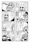  2girls 4koma :&gt; :&lt; :o apple_inc. bangs bkub blank_eyes blazer blush box closed_eyes comic costume crossed_arms earbuds earphones eyebrows_visible_through_hair greyscale hair_ornament hairclip halftone hand_on_own_cheek highres holding holding_box holding_phone jacket jumping monochrome multiple_4koma multiple_girls necktie phone programming_live_broadcast pronama-chan radio shaded_face shaking shirt short_hair simple_background skeleton_costume smile speech_bubble surprised sweatdrop talking translation_request twintails two-tone_background undone_necktie vampire_costume wall_crash 