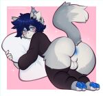 anthro anus balls blue_eyes blue_hair blush blush_lines butt cheek_tuft clothing domestic_cat eyewear facial_tuft felid feline felis fiamourr fluffy fluffy_tail fur genitals girly glasses grey_body grey_fur hair hoodie kneeling legwear looking_at_viewer looking_back male mammal pawpads paws pillow pillow_hug presenting presenting_hindquarters raised_tail simple_background solo tail topwear tuft