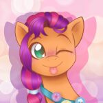 badge bag balychen_(artist) earth_pony equid equine fur green_eyes hair hasbro hi_res horse looking_at_viewer mammal mlp_g5 multicolored_hair my_little_pony one_eye_closed orange_body orange_fur pony ponytail portrait purple_hair sunny_starscout_(mlp) tongue tongue_out two_tone_hair wink winking_at_viewer