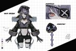  1girl alternate_costume animification apex_legends asymmetrical_shorts beret black_gloves black_hat black_jacket black_shorts cropped_shirt eyepatch gloves grey_hair grey_shirt grid_background hat hone_(hellcircus) jacket looking_at_viewer maron_(gamer) midriff multiple_views navel one_eye_covered open_hands riddle_order scar scar_on_cheek scar_on_chest scar_on_face scar_on_leg scar_on_stomach shirt shorts smile thigh_strap wattson_(apex_legends) 