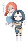  2girls android animification apex_legends ash_(titanfall_2) ashleigh_reid blue_dress blue_eyes blue_leotard boots chibi colored_sclera crossed_arms dress dual_persona elbow_gloves floating_hair frown gloves grey_eyes grey_sclera hand_on_another&#039;s_head highres hood hood_up hooded_leotard leotard looking_at_viewer metal_skin multiple_girls nagoooon_114 orange_hair parted_bangs shaded_face simple_background simulacrum_(titanfall) sweatdrop thighhighs translation_request v-shaped_eyebrows white_background white_footwear white_gloves white_thighhighs 