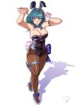  1girl absurdres animal_ears arm_strap arms_up bare_shoulders black_hairband black_leotard blue_eyes blue_hair breasts brown_pantyhose byleth_(female)_(fire_emblem) byleth_(fire_emblem) cleavage commentary dagger deliciousbrain eyelashes fake_animal_ears fire_emblem fire_emblem:_three_houses fishnet_pantyhose fishnets grey_footwear hairband high_heels highres knife large_breasts leotard long_hair looking_at_viewer pantyhose playboy_bunny rabbit_ears red_lips sheath sheathed simple_background smile solo strapless strapless_leotard thigh_strap weapon white_background wrist_cuffs 