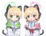  2girls :&lt; :3 animal_ear_headphones animal_ears blonde_hair blue_archive bow cat_ear_headphones cat_ears cat_tail collared_shirt fake_animal_ears fang green_eyes headphones highres hood hooded_jacket jacket long_sleeves midori_(blue_archive) momoi_(blue_archive) morizo_(morizoshop) multiple_girls necktie off_shoulder open_mouth pink_eyes shirt siblings sisters smile tail twins 