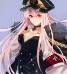  blush breasts cleavage closed_mouth commentary eyebrows_visible_through_hair fur_trim girls_frontline hair_between_eyes hat iron_cross kar98k_(girls_frontline) large_breasts long_hair looking_at_viewer peaked_cap pink_hair red_eyes solo suvin_(mononochi) upper_body very_long_hair 