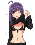  ahoge bra breasts commentary_request highres kazami_nobuko long_hair long_sleeves looking_at_viewer navel one_eye_closed original oteruko_(wanabeee) pleated_skirt purple_eyes purple_hair school_uniform skirt small_breasts solo tongue tongue_out underwear uniform very_long_hair 